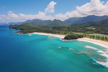 Fototapeta na wymiar A tropical island with a turquoise lagoon and a sandbank