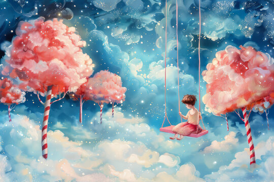 A little prince seated on a candy-themed swing, surrounded by fluffy cotton candy clouds and candy cane trees, painted in a whimsical and dreamy style.