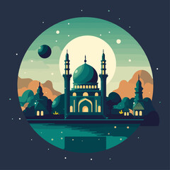 arabic ornament mosque in the beautiful night. Ramadan Kareem Vector illustration.
