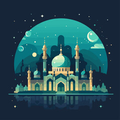 logo badge background Islamic culture illustration mosque in the Beautiful Ramadan night vector graphic design