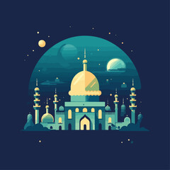 illustration background graphic design of a islamic mosque in the Ramadan night with stars in the sky