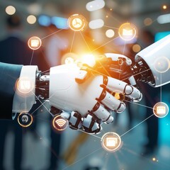 AI and Human Collaboration Symbolized by Robotic Handshake