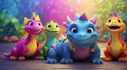 Cartoon characters, dragons or dinosaurs, friends together for children, friendship and play time, happy joy, as a wide banner or poster for kindergarten, kindergarten and children's bedroom
