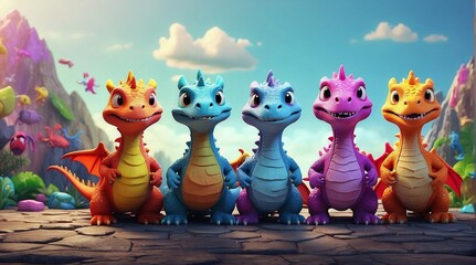 Cartoon characters, dragons or dinosaurs, friends together for children, friendship and play time, happy joy, as a wide banner or poster for kindergarten, kindergarten and children's bedroom - obrazy, fototapety, plakaty