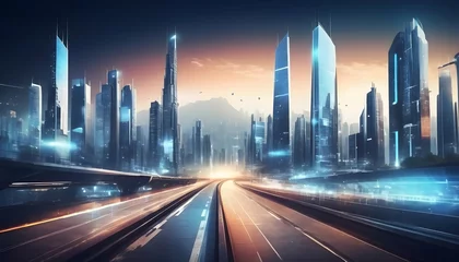 Foto op Plexiglas Modern city with sky scraper buildings and highways from above 3D imaginative rendering in night    © Sudarshana