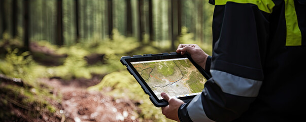 Work with digital tablet in forest. Forest topography maps rd set gps navigation point.