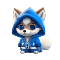 Cute baby wolf in a blue hood