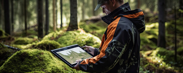 Work with digital tablet in forest. Forest topography maps rd set gps navigation point.