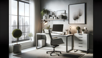 Sleek and modern home office with cityscape view, Generative AI