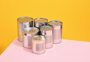 Concept of food stocks. Canned vegetables and different types of fish.