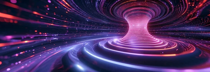 Fotobehang 3d render, abstract futuristic neon background. Twisted electromagnetic vortex. Ultra violet rays, cyber network glowing lines, Generative AI © MG