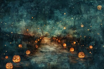Fototapeta premium Halloween Pathway: Jack-o'-Lanterns Under Starry Sky Collage