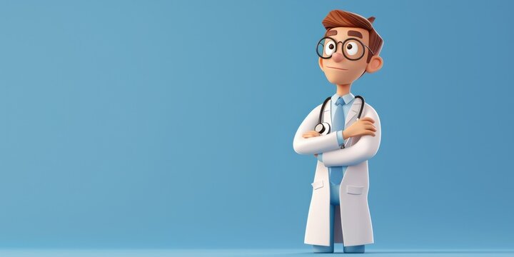 3d render. Doctor cartoon character wearing white coat and stethoscope. Clip art isolated on blue background. Professional presentation. Medical, Generative AI