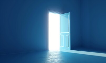 3d render, blue room, bright white light shining behind the opening door, flight forward, entering inside the doorway. Modern minimal concept. Opportunity, Generative AI