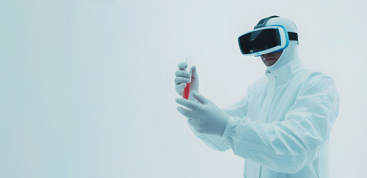 Scientist in VR glasses with a test tube in his hand. VR and modern technology concept. Copy space