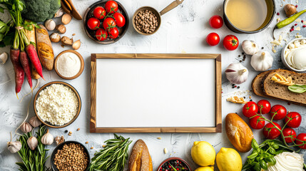 Gluten free foods background with white board in the middle - obrazy, fototapety, plakaty