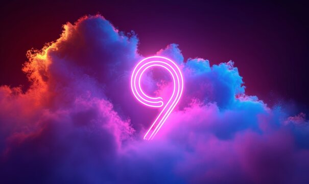 3d render, neon linear number nine and colorful cloud glowing with pink blue neon light, abstract fantasy background, Generative AI