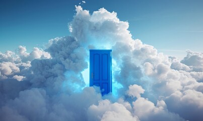 3d render, abstract background, blue closed door in the sky with white clouds, heaven afterlife concept, Generative AI