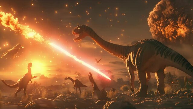 AI-generated dinosaurs in a prehistoric landscape. Global Earth disaster. Perfect for educational materials, scientific publications, and digital art. The concept of dinosaur extinction.
