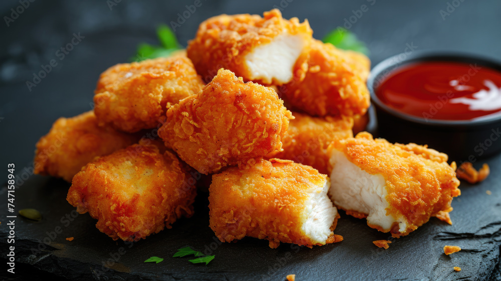 Wall mural delicious pile of deep-fried chicken nuggets with side of ketchup