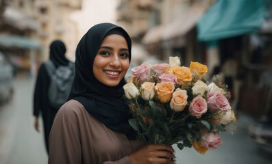 A smiling Arab woman stands on the street with a bouquet of roses.