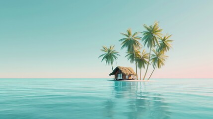 Fototapeta na wymiar Small tropical island with palms and hut surrounded sea blue water. Scenery of tiny island in ocean. Concept of vacation, travel, nature, summer. Generative Ai