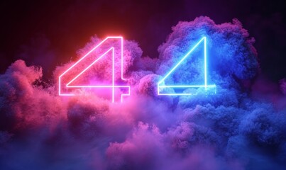 3d render, neon linear number four and colorful cloud glowing with pink blue neon light, abstract fantasy background, Generative AI