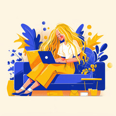 Cheerful Freelancer Working on Laptop in Creative Home Office Setting, Modern Flat Illustration