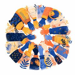 Circle of Diverse Hands in Unity Illustration, Inclusive Community Concept