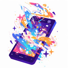 Vibrant Digital Creativity Bursting from Smartphone Screen, Abstract Art Illustration
