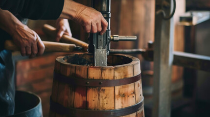 An upclose glimpse of a winemaker using a traditional wooden press to gently extract the juice from freshly harvested gs a od fad in biodynamic winemaking for its gentle approach. - obrazy, fototapety, plakaty