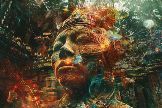 Shamanic figure communing with the spirit realm amidst lush Amazonian foliage and ancient ruins in a mystical aura, depicted in a digital painting with rich natural colors.