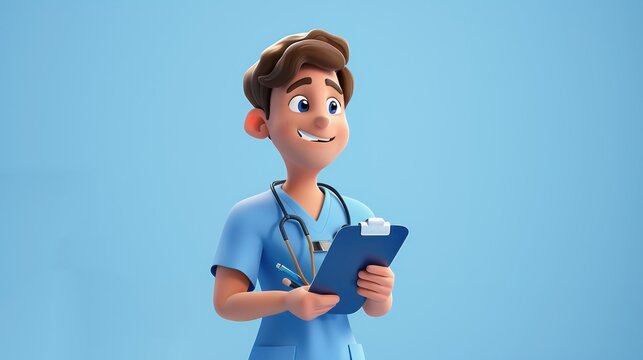 3d render, caucasian young man, nurse cartoon character wears blue shirt, holds pen and clipboard. Health care consultation. Hospital assistant. Medical insurance, Generative AI