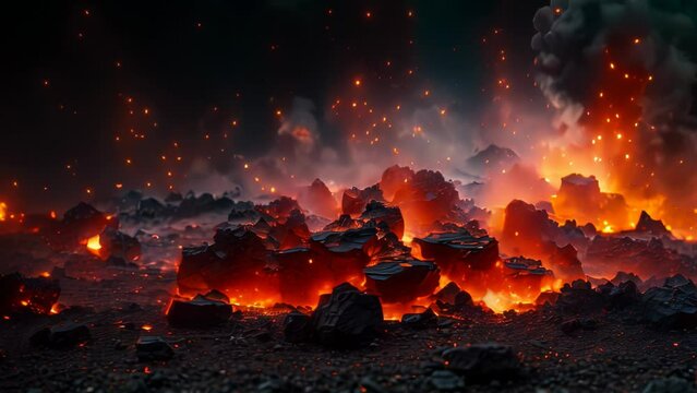 Video animation of dramatic and intense scene of a landscape engulfed in flames and embers. Rocks and debris are illuminated by the fiery glow, casting an ominous yet mesmerizing atmosphere