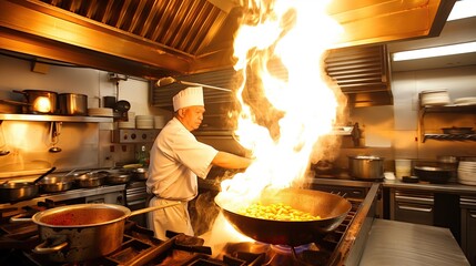 Professional Chef in Action with Fiery Wok