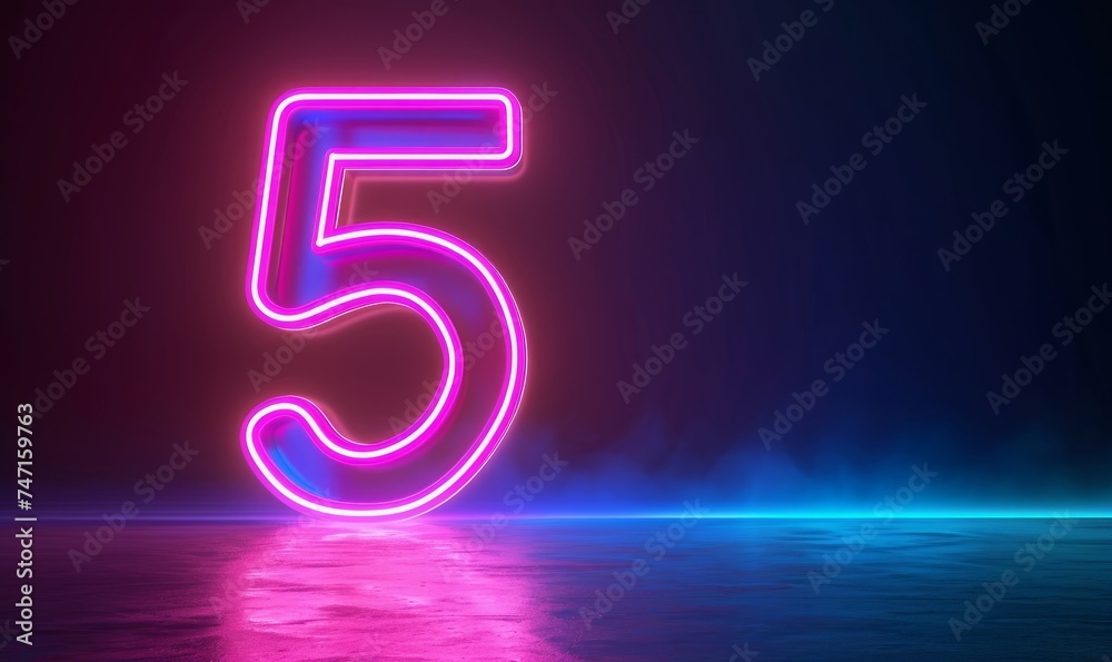 Wall mural 3d render, neon number five glowing in the dark with ultraviolet light, pink blue gradient laser ray