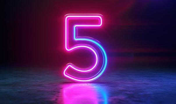 3d render, neon number five glowing in the dark with ultraviolet light, pink blue gradient laser ray, Generative AI