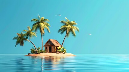 Small tropical island with palms and hut surrounded sea blue water. Scenery of tiny island in ocean. Concept of vacation, travel, nature, summer. Generative Ai - obrazy, fototapety, plakaty
