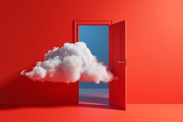 3d render, white clouds going through, flying out the open door, objects isolated on bright red background. Abstract metaphor, modern minimal concept, Generative AI
