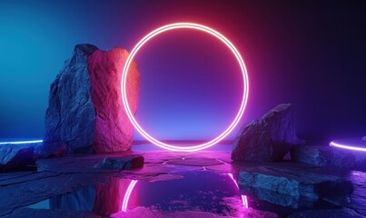 3d render, abstract minimalist neon background with cobble stone rocks, glowing ring and mirror reflection. Showcase scene for product presentation. Futuristic aesthetic, Generative AI - obrazy, fototapety, plakaty