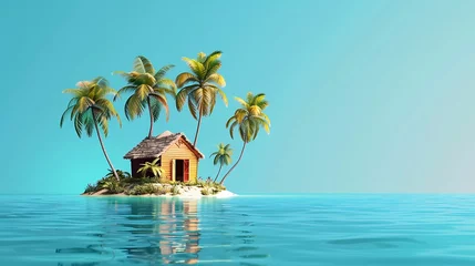 Fotobehang Small tropical island with palms and hut surrounded sea blue water. Scenery of tiny island in ocean. Concept of vacation, travel, nature, summer. Generative Ai © Handz