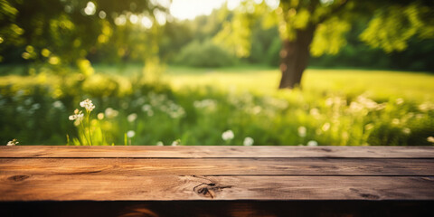 Empty wooden table for product demonstration and presentation against the backdrop of green grass, field, forest. Banner. Copy space. Mock up
