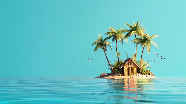 Small tropical island with palms and hut surrounded sea blue water. Scenery of tiny island in ocean. Concept of vacation, travel, nature, summer. Generative Ai