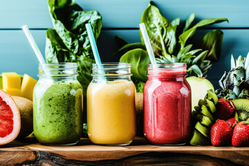 Various colorful smoothies arranged on wooden board