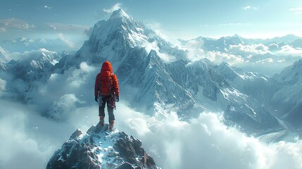Alpine Adventure: Panoramic view of a climber climbing a steep alpine ridge - obrazy, fototapety, plakaty