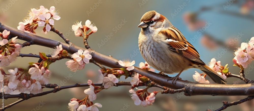 Poster A Passer domesticus, commonly known as a house sparrow, perched on a branch of a blossoming fruit tree in springtime.