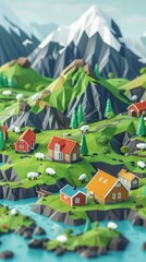 Scandinavian landscape, 3D isometric flat illustration, paper layered cut. Nordic architecture, sheep, snow-capped mountains, river, tranquility, Iceland, Norway, Denmark, Sweden, focused photo.
