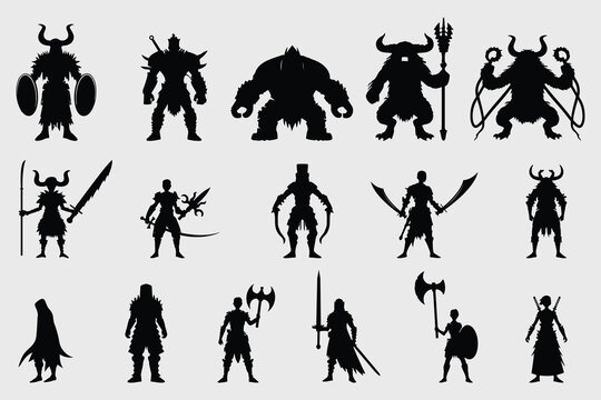 a set of silhouettes of warriors, demon and knights holding swords, spears and various different weapons.
