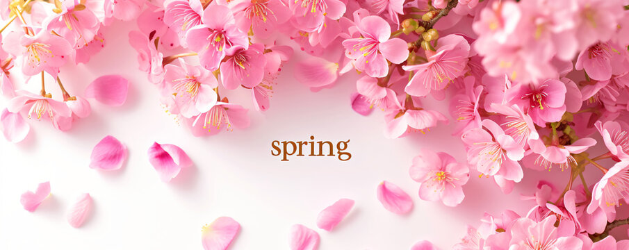 Lettering spring with plants, leaves and colorful flowers on pink background. Hello spring, 1 march concept. Template for greeting card, invitation, banner, poster