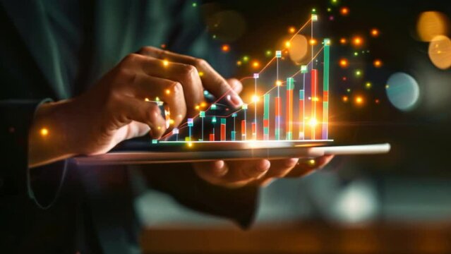 Businessman holding tablet showing stock market economy graph statistic growth of profit analyzing financial exchange. Trade chart finance data concept.